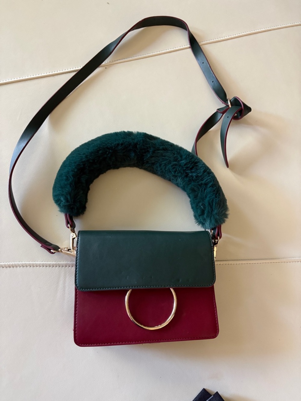 Two-Tone Green and Burgundy Faux Fur Accent Crossbody Bag